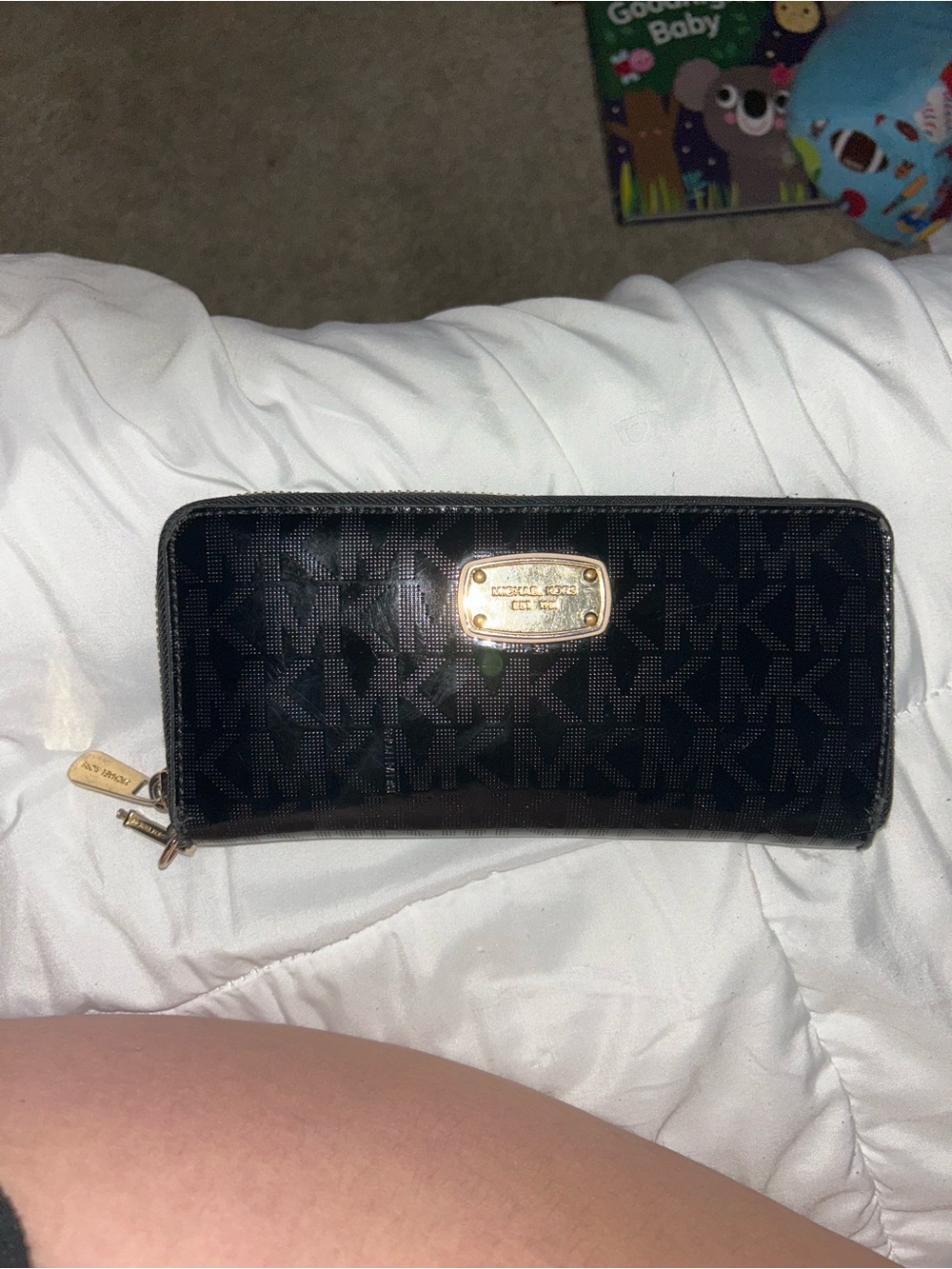 Michael Kors Black Logo-Print Zip Around Wallet with Gold Hardware